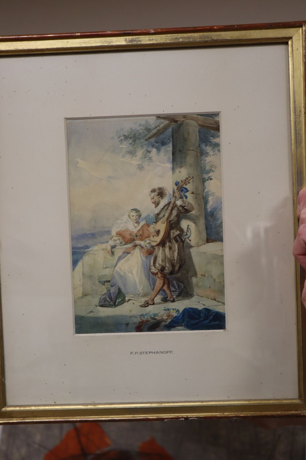 Francis Philip Stephanoff (1788-1860), 16th century figures on a terrace, watercolour, 22 x 15cm
